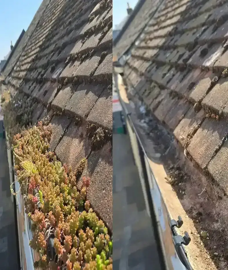 Before and after gutter clearance with built-up moss and debris removed.